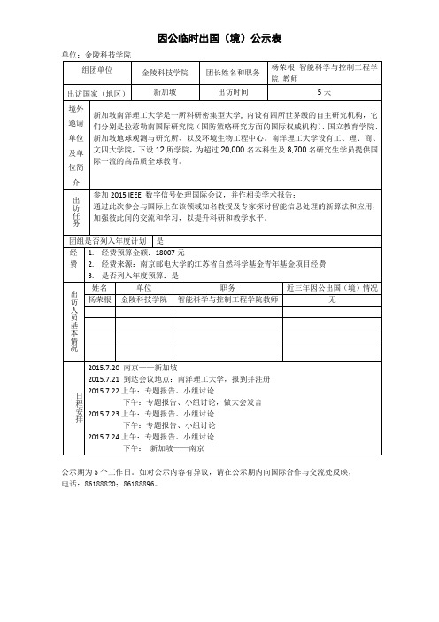 因公临时出国(境)公示表