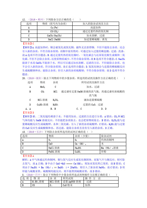 2019年全国中考化学真题分类 考点35  物质的分离与提纯