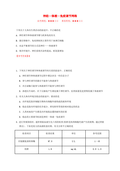 2018_2019学年高中生物每日一题神经_体液_免疫调节网络含解析新人教版高二必修