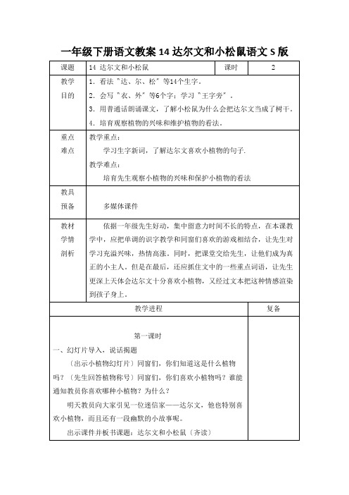 一年级下册语文教案14达尔文和小松鼠语文S版