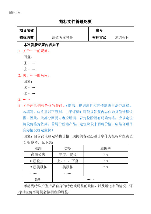 招标文件答疑纪要模板