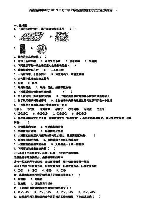湖南省初中统考2019年七年级上学期生物期末考试试题(模拟卷三)