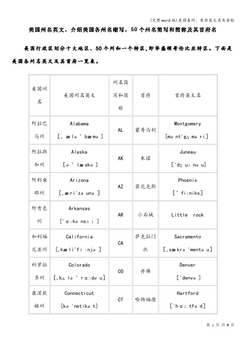 (完整word版)美国各州、首府英文名及音标