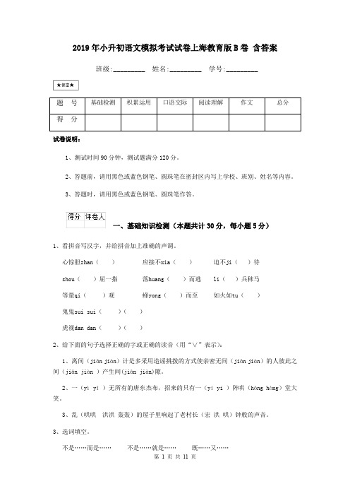 2019年小升初语文模拟考试试卷上海教育版B卷 含答案