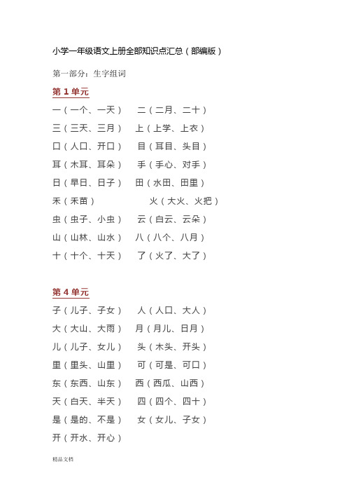 2018年小学一年级语文全部知识点汇总