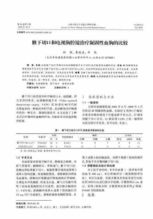 腋下切口和电视胸腔镜治疗凝固性血胸的比较