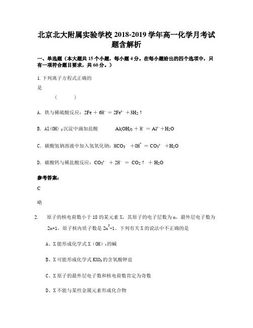 北京北大附属实验学校2018-2019学年高一化学月考试题含解析