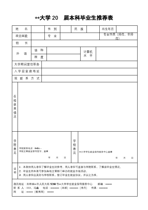 XX大学20届本科毕业生推荐表【模板】