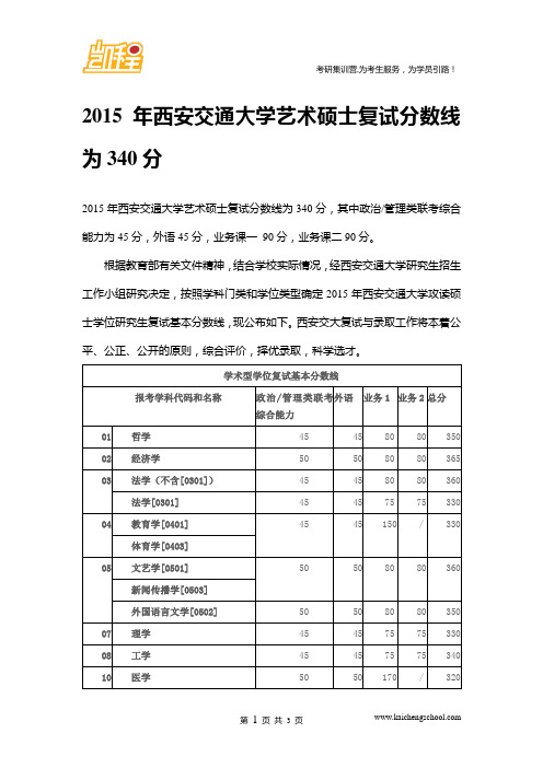 2015年西安交通大学艺术硕士复试分数线是340分