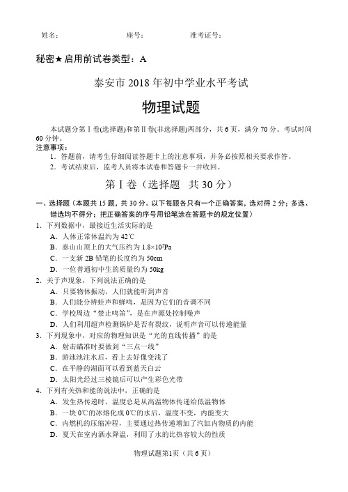 2018年山东泰安中考物理试题及其答案