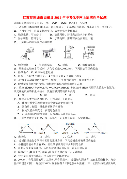 江苏省南通市如东县中考化学网上适应性考试题