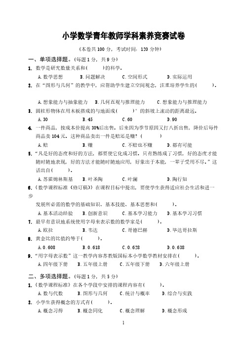 小学数学青年教师学科素养竞赛试卷2010.1-推荐下载