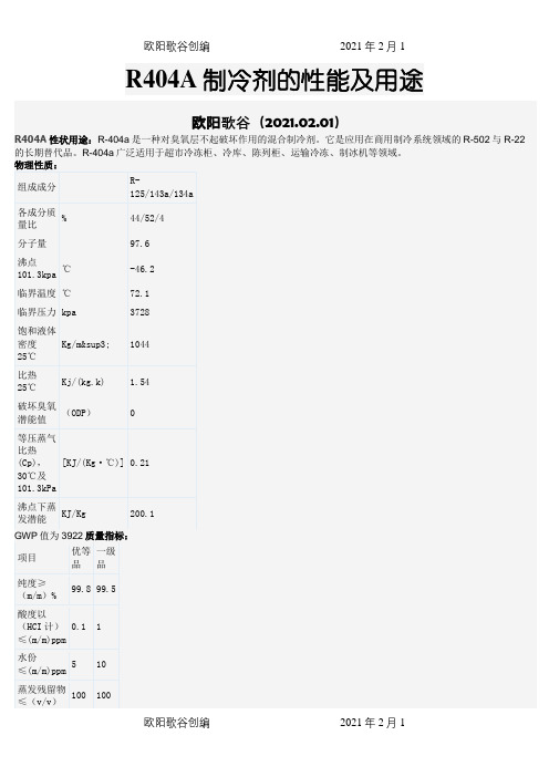 R404A制冷剂的性能及用途之欧阳歌谷创编