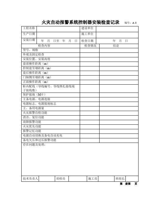 火灾自动报警系统控制器安装检查记录   编号：A