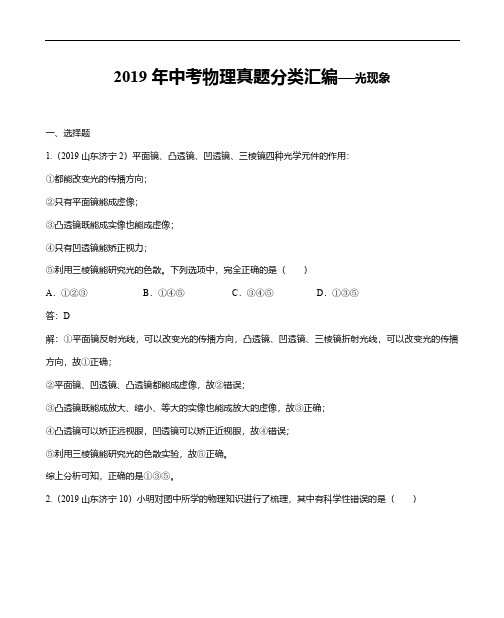 2019年中考物理真题分类汇编—光现象