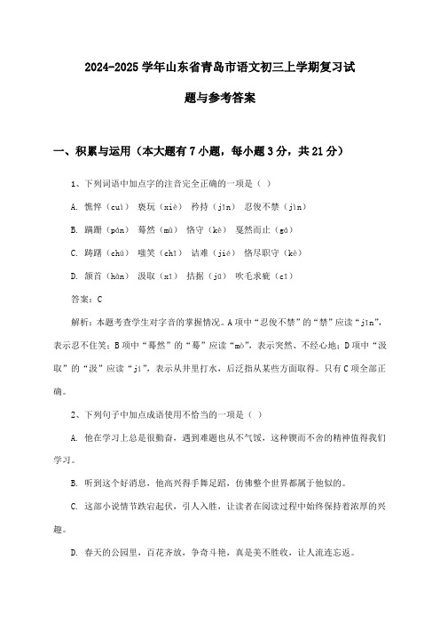 2024-2025学年山东省青岛市语文初三上学期复习试题与参考答案