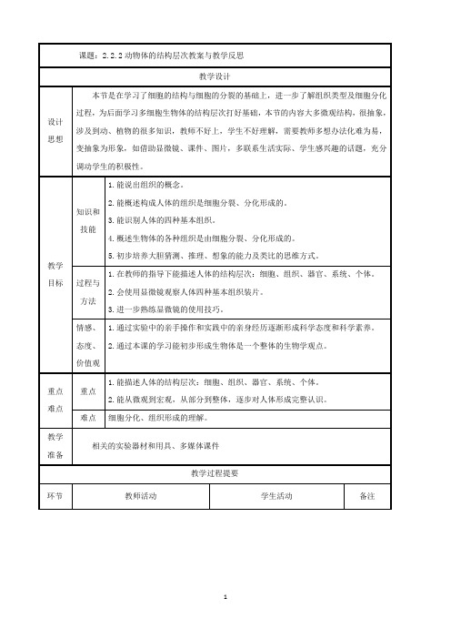 人教版七年级上册生物 动物体的结构层次教案与教学反思精品教案