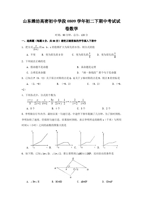 山东潍坊高密初中学段0809学年初二下期中考试试卷数学