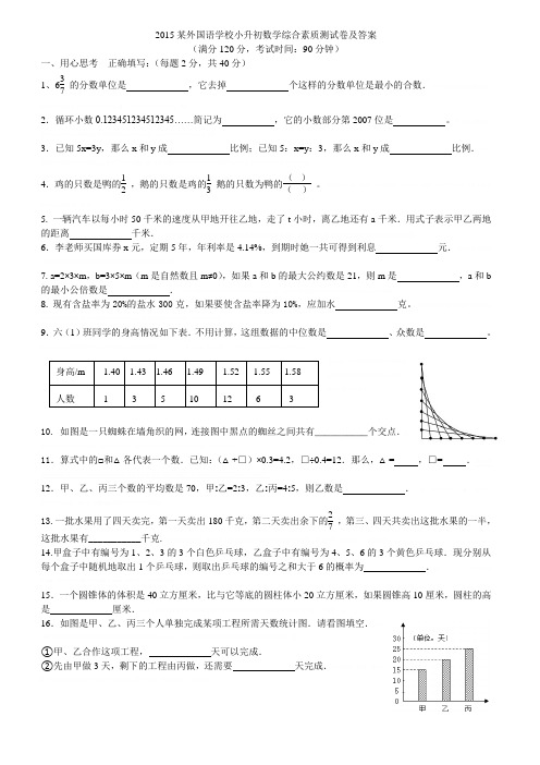 2015年某外国语学校小升初数学综合素质测试卷及答案2015年某外国语学校小升初数学综合素质测试卷及