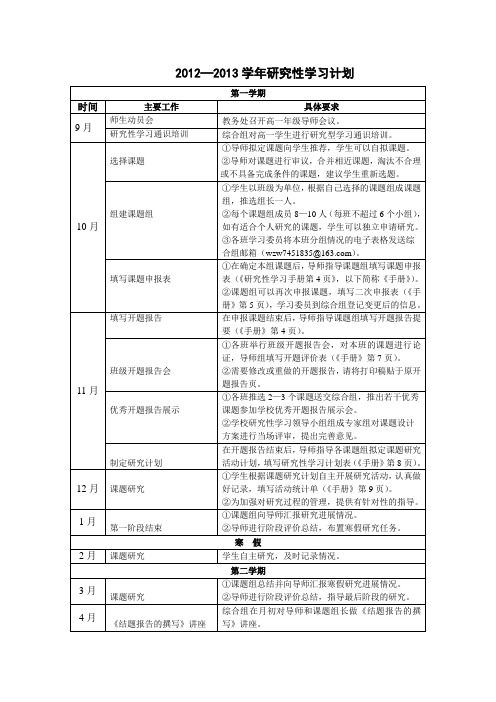 2012-2013年度研究性学习计划表