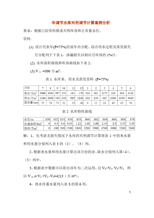 年调节水库兴利调节计算案例分析