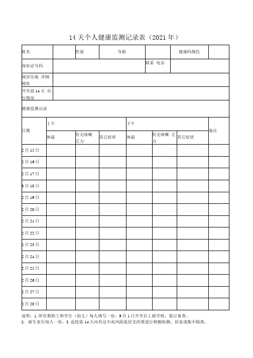 2021年学生开学前14天健康监测记录表