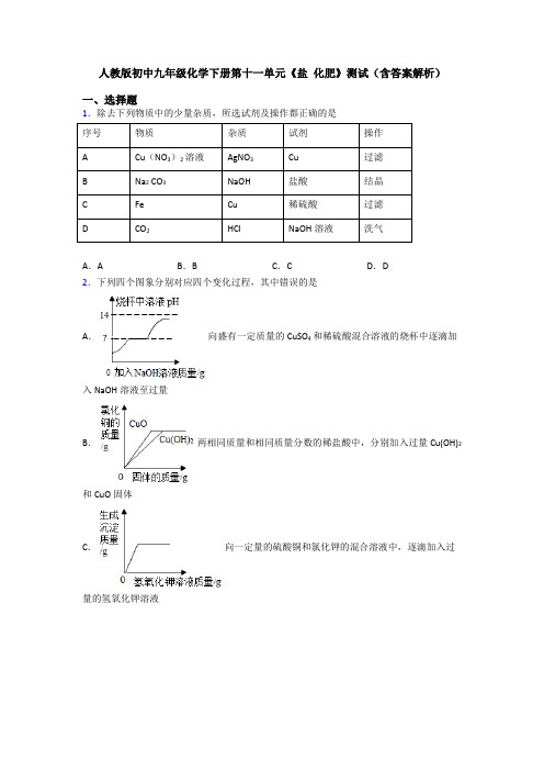 人教版初中九年级化学下册第十一单元《盐 化肥》测试(含答案解析)