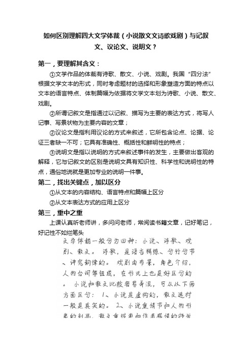 如何区别理解四大文学体裁（小说散文文诗歌戏剧）与记叙文、议论文、说明文？