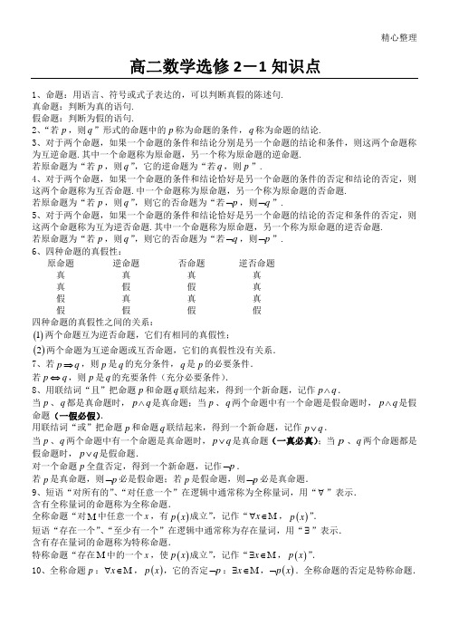 高二数学选修2-1知识点总结(精华版)