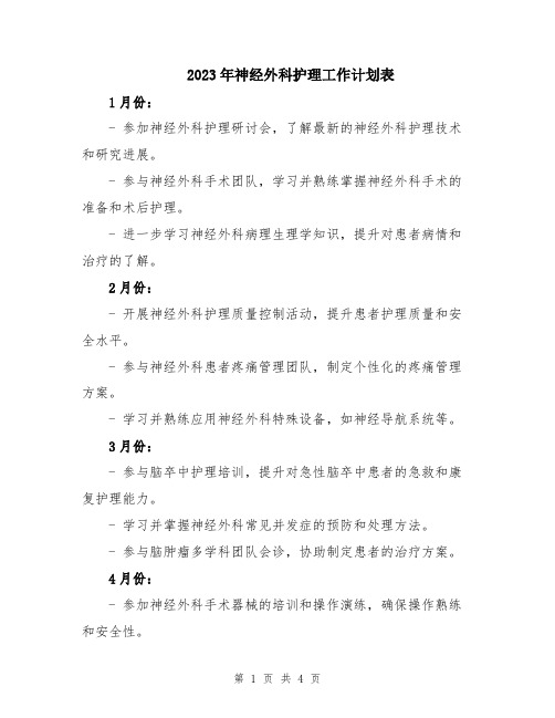 2023年神经外科护理工作计划表