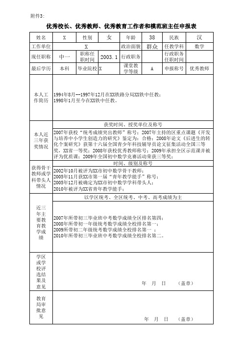 优秀校长、优秀教师、优秀教育工作者和模范班主任申报表