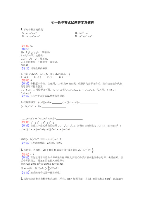 初一数学整式试题答案及解析
