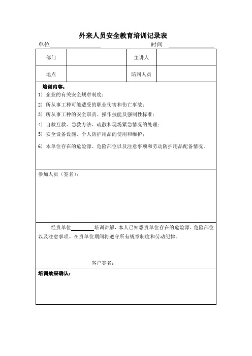 外来施工单位作业人员安全教育培训记录表