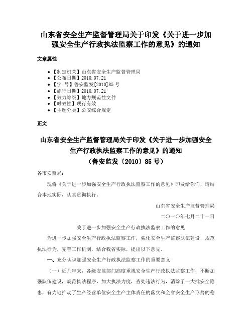 山东省安全生产监督管理局关于印发《关于进一步加强安全生产行政执法监察工作的意见》的通知