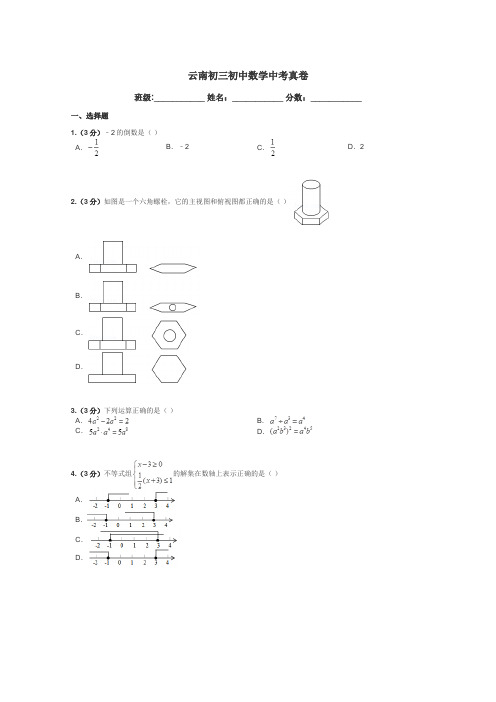 云南初三初中数学中考真卷带答案解析
