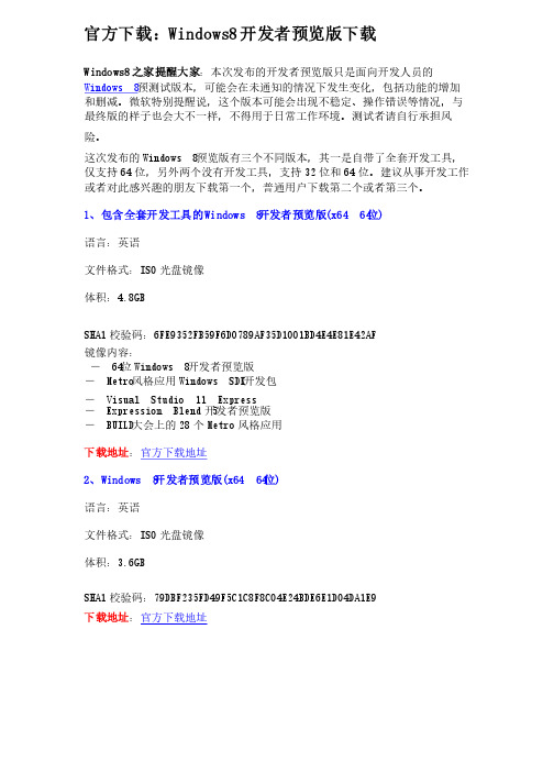 官方下载：Windows8开发者预览版下载