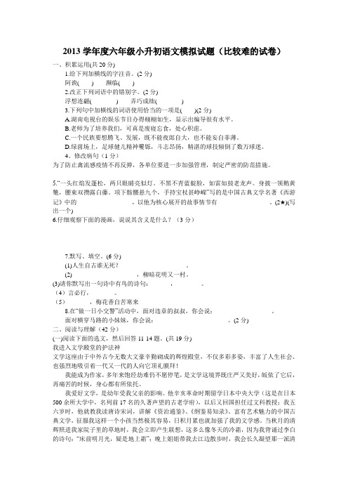 2013学年度六年级小升初语文模拟试题(比较难的试卷)