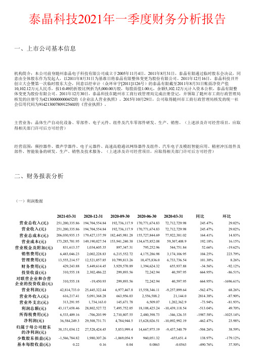 泰晶科技2021年一季度财务分析报告