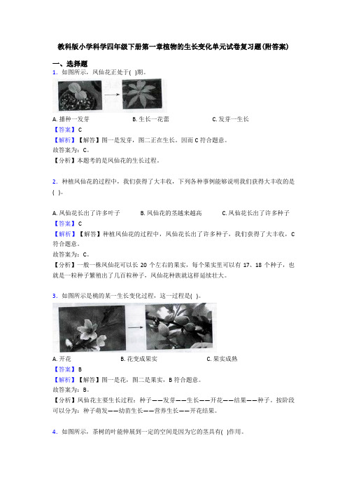 教科版小学科学四年级下册第一章植物的生长变化单元试卷复习题(附答案)