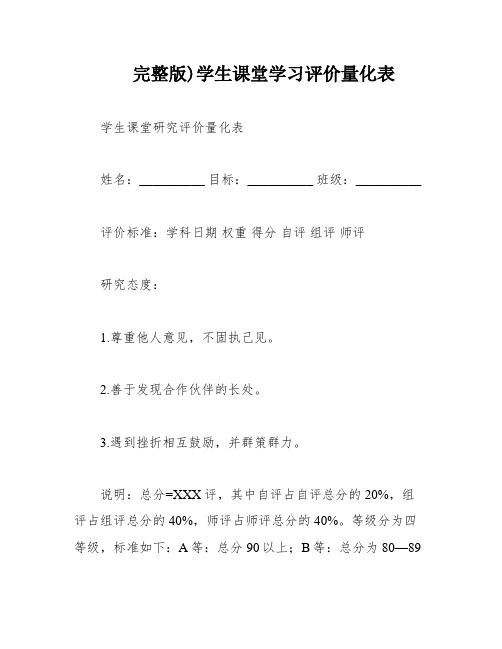 完整版)学生课堂学习评价量化表