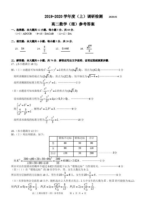 四川省攀枝花市2019-2020学年高二上学期普通高中教学质量监测理数答案