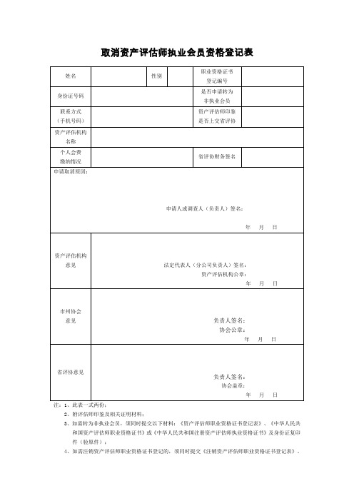 取消资产师执业会员资格登记表