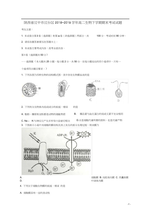 陕西省汉中市汉台区2018-2019学年高二生物下学期期末考试试题