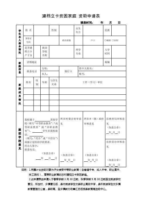 建档立卡贫困家庭 资助申请表