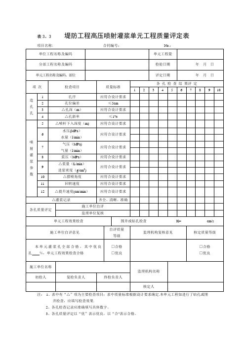 堤防工程高压喷射灌浆单元工程质量评定表