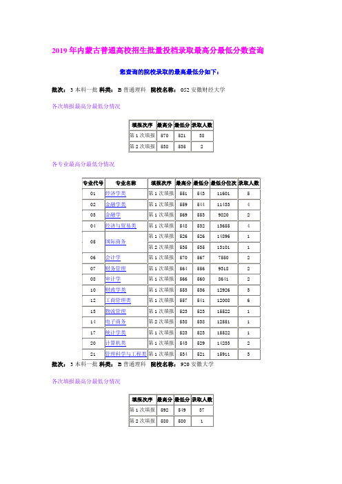 2019年内蒙古普通高校招生批量投档录取最高分最低分数查询