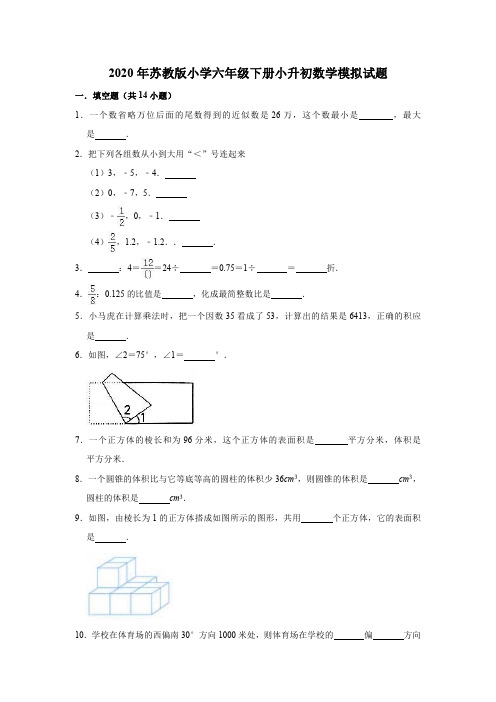 六年级下册数学试题  2020年下册小升初数学模拟试题3  苏教版  (有答案)