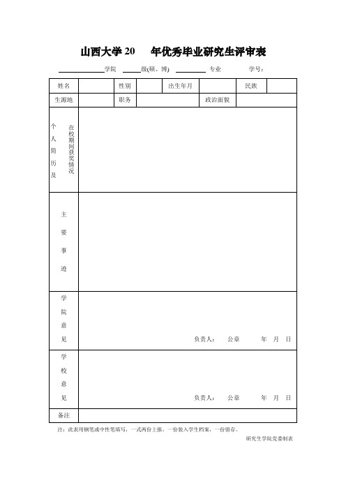 山西大学20 年优秀毕业研究生评审表