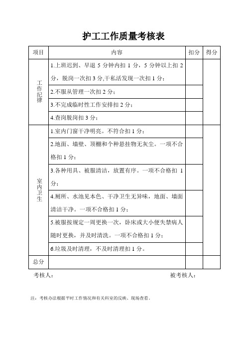 护工工作质量考核表