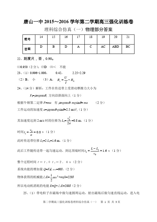 唐山一中2015～2016学年第二学期高三强化训练卷理科综合能力测试仿真(一)答案物理部分